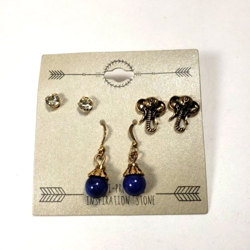 Set of 3 Gold-tone Crystal, Elephant Studs Earrings & BlueTeardrop Earrings